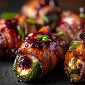 Berry-Burst Brie Jalapeños in Crispy Bacon
